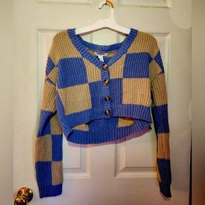 Checkered Blue and Tan Cropped Button Up Sweater